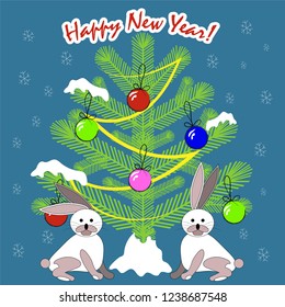 Decorated Christmas tree under the snow. Two cartoon hares sit in front. Top inscription - Happy New Year. Blue background. Vector illustration