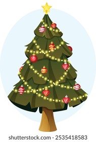 Decorated Christmas Tree with Variety of Baubles, Gold Star as Tree Topper and Fairy Lights. Isolated Festive Graphic 