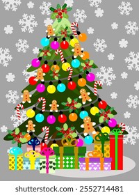 A decorated Christmas tree with variety of colorful ornaments and many gift boxes beneath