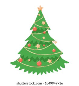 Decorated Christmas tree vector flat illustration isolated on white background. Green and beautiful fir tree with garlands, beads, stars, and balls. Happy New Year and Merry Christmas design element.
