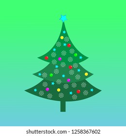 Decorated Christmas tree vector illustration on blue green background