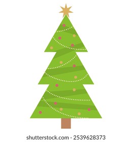 Decorated Christmas tree vector illustration. Christmas tree decorated with beautiful baubles. Natural eco decorated tree pine. Xmas winter holiday season party social media card background