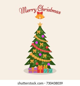Decorated christmas tree.  Vector illustration. Flat design