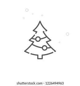 Decorated Christmas Tree Vector Line Icon. New Year's Holidays Symbol, Pictogram, Sign. Light Abstract Geometric Background. Editable Stroke. Adjust Line Weight. Design with Pixel Perfection.