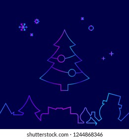 Decorated Christmas Tree Vector Line Icon. Christmas and New Year Gradient Symbol, Pictogram, Sign. Dark Blue Background. Light Abstract Geometric Background. Related Bottom Border