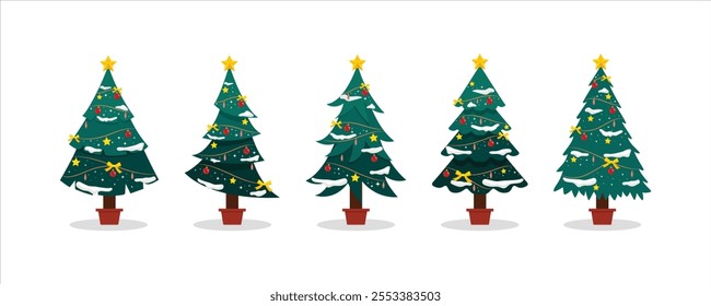 Decorated Christmas tree vector with ornaments and star. Perfect for holiday cards, winter celebration posters, gift wrap, seasonal greeting designs, and festive illustration projects.