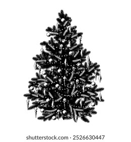 Decorated Christmas tree in Vintage Engraved style. Hand Drawn Vector Illustration