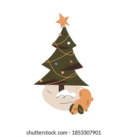 Decorated Christmas tree for winter holidays with star on top and sleeping dog