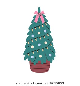 Decorated Christmas tree. Winter holidays. Xmas element