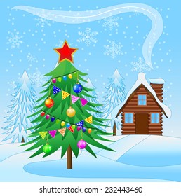 decorated Christmas tree and wooden house,  vector  illustration