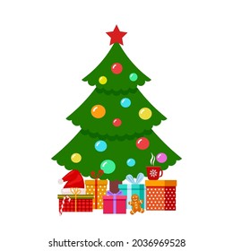 Decorated christmas tree. Xmas fir and presents, new year gift boxes. Holiday shopping, seasonal winter festive. Isolated decorations exact vector elements