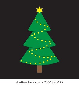 Decorated Christmas tree. Yellow star topper. Festive green icon. Black background vector.