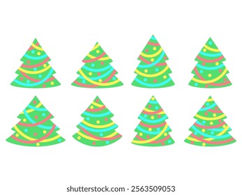 Decorated Christmas trees icon set isolated on white background. Decorated Christmas trees with garland and balls in minimalist style. Symbol of Christmas and New Year. Vector illustration