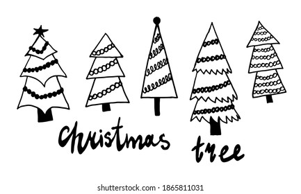 Decorated Christmas trees illustration. Doodle outline drawing isolated on white background. New Year celebration, winter season. Festive plant, holiday symbol