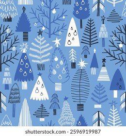 Decorated Christmas trees on blue background. Seamless pattern of different decorated Christmas trees for holiday souvenir design. Flat vector illustration.