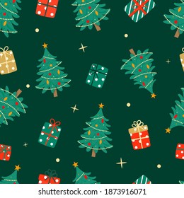 Decorated Christmas Trees, Presents, And Sparkles Seamless Repeat Pattern. Festive Christmas Pattern.