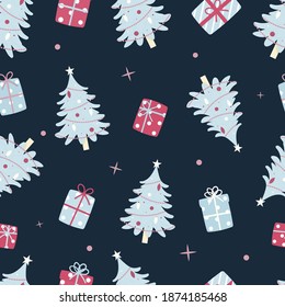 Decorated Christmas Trees, Presents, and Sparkles Seamless Repeat Pattern. Festive Christmas Pattern.