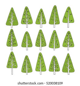 Decorated Christmas trees set hand-drawn. Doodles and sketches