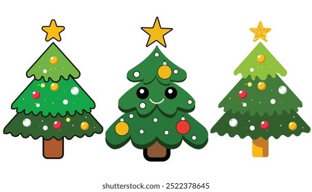 Árboles de Navidad decorados con Star Toppers, ilustración festiva del Arte vectorial del árbol de Navidad, año Nuevo 2024, Ilustración vectorial, invitaciones de fiesta. Nuevo año