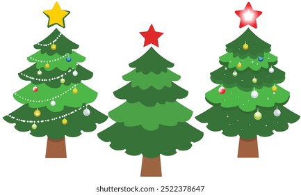 Árboles de Navidad decorados con Star Toppers, ilustración festiva del Arte vectorial del árbol de Navidad, año Nuevo 2024, Ilustración vectorial, invitaciones de fiesta. Nuevo año