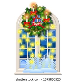 The decorated Christmas window with candles and garlands isolated on a white background. Vector cartoon close-up illustration