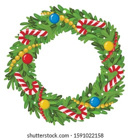 Decorated christmas wreath colorful festive vector illustration. Winter holiday traditional decoration element hanging on door with candy canes and ornaments isolated on white background