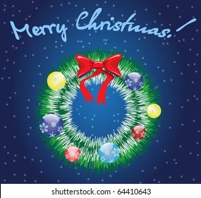 Decorated christmas wreath on blue background