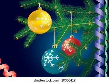 Decorated christmas-tree branch. Dark blue background. Vector illustration.