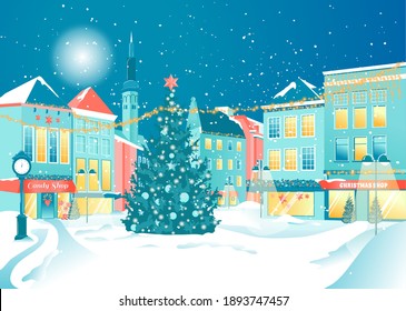 Decorated City Street with Xmas Fir Tree on Square at Night. Christmas, New Year. Winter Holidays. Empty Snow Covered Boulevard with Festive Shop Windows. Flat Cartoon Cityscape. Vector Illustration