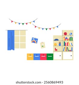 Decorated Classroom Setting With Storage Drawers, Shelves, And Educational Materials Flat Vector Illustration About Learning Environment, Creativity, And Education, Isolated On White