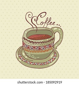 Decorated coffee cup on polka dots background. No fonts.