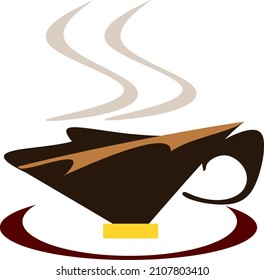 Dekoriertes Kaffeetassen-Schild auf einem Teller. Symbol eines Kaffeehauses. Teakup auf einem Teller. Abstrakte Cup-Form.