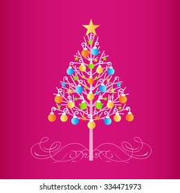  Decorated colorful christmas tree  with baubles  and flourish at  the base 