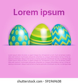 Decorated Colorful Eggs Easter Holiday Symbols Greeting Card Vector Illustration Adlı Stok Vektör