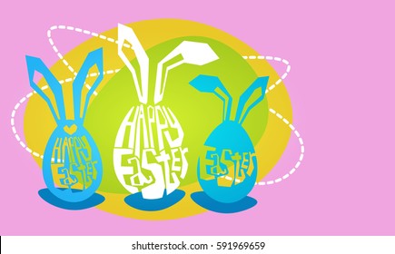 Decorated Colorful Eggs Rabbit Easter Holiday Symbols Greeting Card Vector Illustration