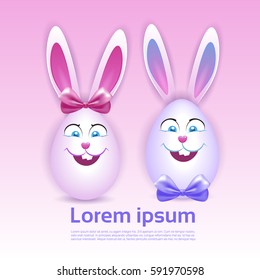 Decorated Colorful Eggs Rabbit Easter Holiday Symbols Greeting Card Vector Illustration