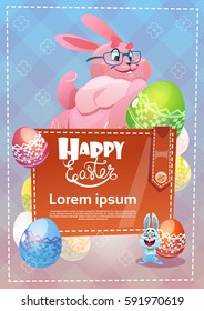 Decorated Colorful Eggs Rabbit Easter Holiday Symbols Greeting Card Vector Illustration