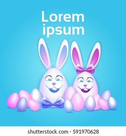 Decorated Colorful Eggs Rabbit Easter Holiday Symbols Greeting Card Vector Illustration