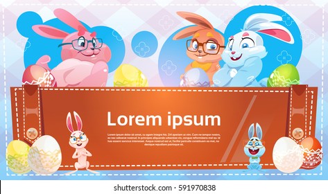 Decorated Colorful Eggs Rabbit Easter Holiday Symbols Greeting Card Vector Illustration