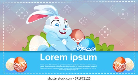 Decorated Colorful Eggs Rabbit Easter Holiday Symbols Greeting Card Vector Illustration