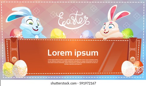 Decorated Colorful Eggs Rabbit Easter Holiday Symbols Greeting Card Vector Illustration