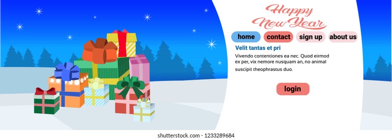 decorated colorful gift boxes happy new year merry christmas concept flat fir tree forest landscape background horizontal banner copy space vector illustration