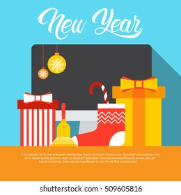 Decorated Computer Happy New Year Decoration Flat Vector Illustration