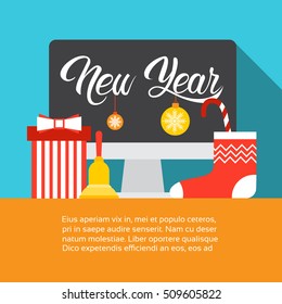 Decorated Computer Happy New Year Decoration Flat Vector Illustration