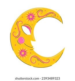 Decorated crescent with a face. Carnival mask with a pattern. The symbol of Mardi Gras, the Brazilian carnival. A decorative element in a flat style. Vector illustration isolated on white background.