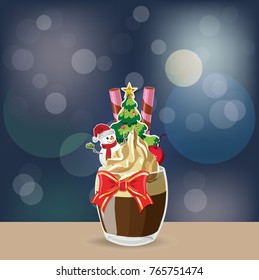Decorated cup cake in christmas theme on the blue bokeh background, illustration vector design
