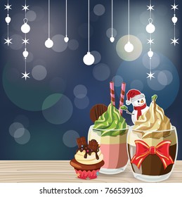 Decorated cup cake in christmas theme on the blue bokeh background, illustration vector design