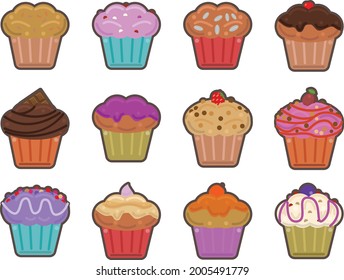 Decorated Cupcakes Icon Set Vector. Decorated Muffins. Cupcake Isolated Set Icon. Muffin On White Background