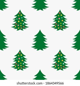 Dekorierter, süßer Weihnachtsbaum auf weißem Hintergrund, nahtloses Muster. Vektorgrafik.