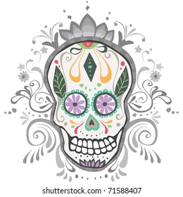 Decorated Day of the Dead Sugar Skull Vector illustration of a Day of The Dead Sugar Skull with an ornate background.